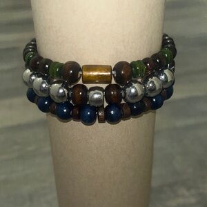Multicolor Beaded Stretch Bracelet Set - Blue, Brown, Green, Silver
